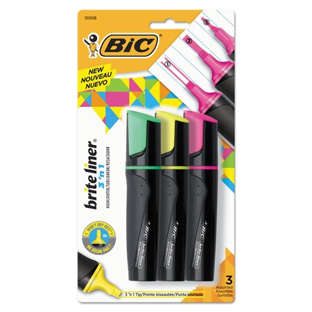 Bic Brite Liner 3 n 1 Highlighters, 3 n 1 Chisel Tip, Assorted Colors, PK3 BL3P31-AST